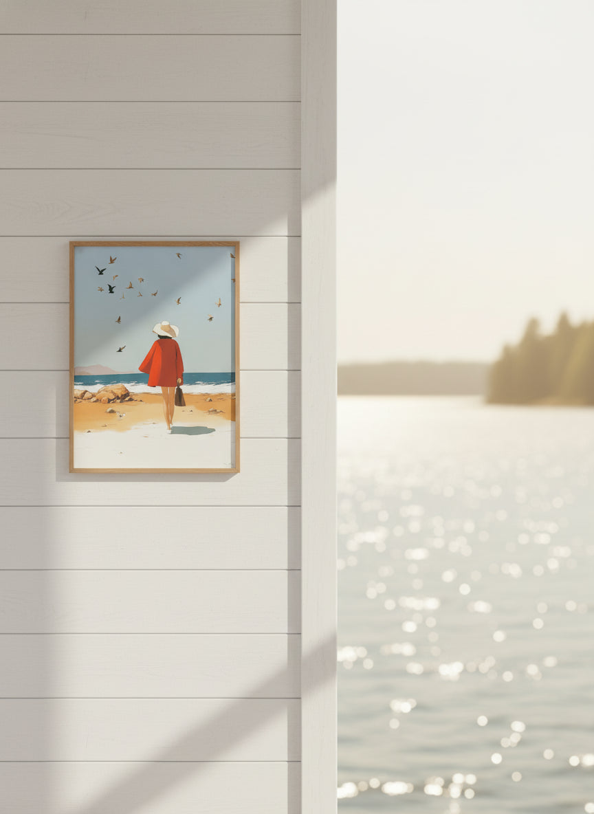 Retro Woman Beach Birds Art art print shown in a shiplap blurred view setting