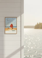 Retro Woman Beach Birds Art art print shown in a shiplap blurred view setting