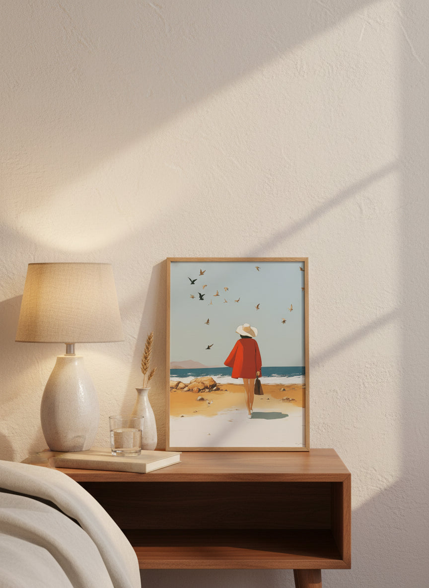 Retro Woman Beach Birds Art art print shown in a small bedside oak setting
