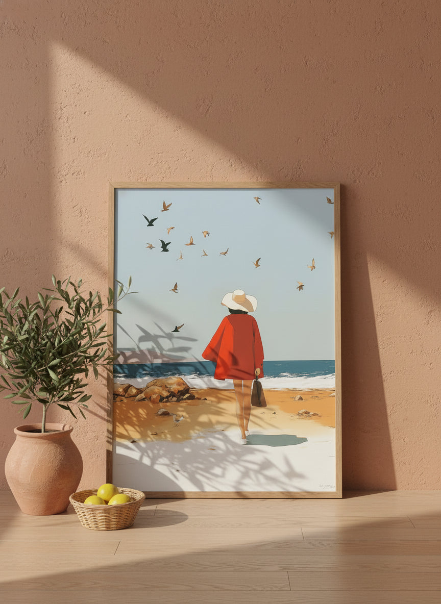 Retro Woman Beach Birds Art art print shown in a terracotta rustic setting