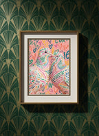 Colorful Lovebird Dove Couple Art art print shown in a art deco geometric setting