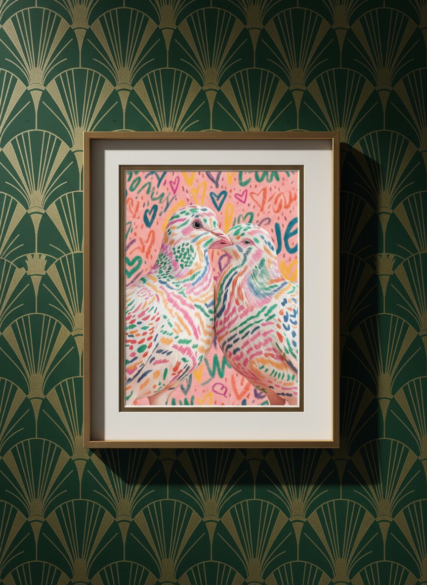 Colorful Lovebird Dove Couple Art art print shown in a art deco geometric setting