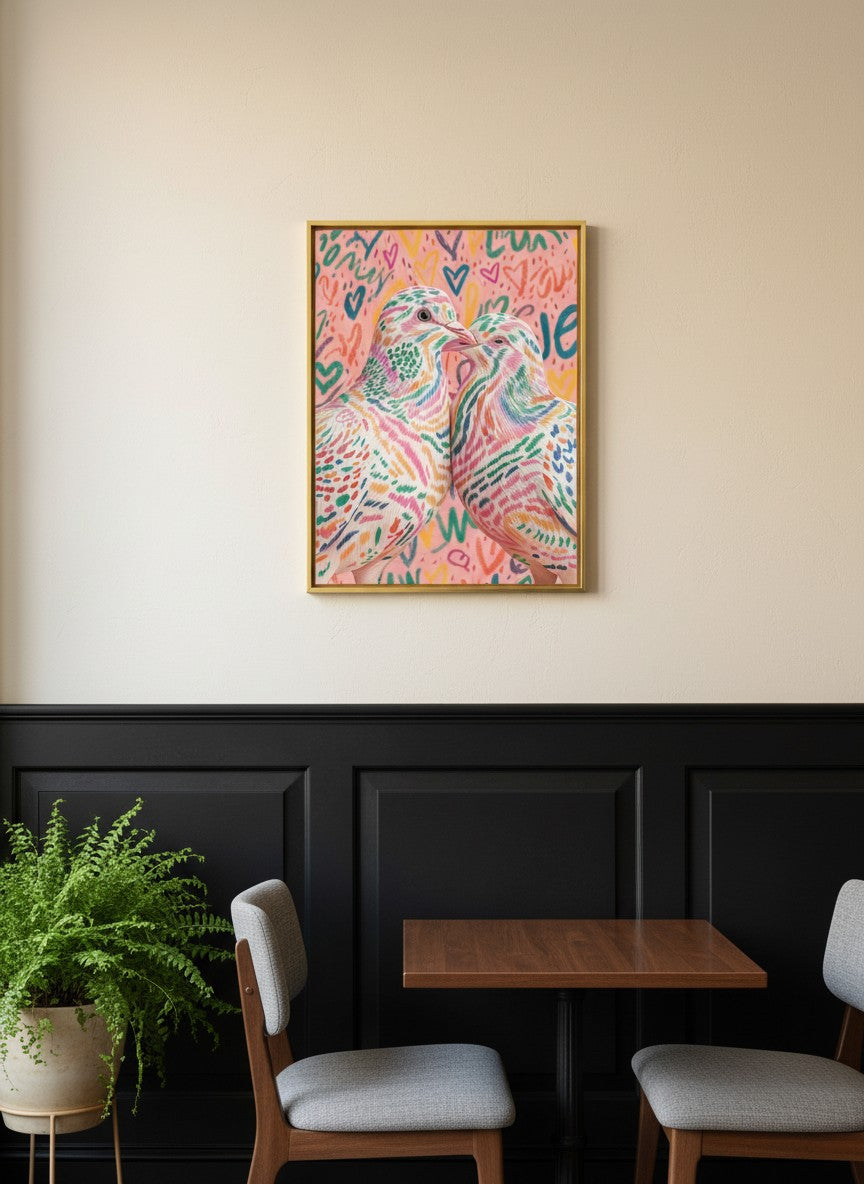 Colorful Lovebird Dove Couple Art art print shown in a black wainscoting gold setting