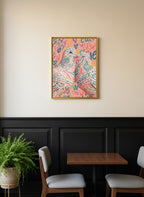 Colorful Lovebird Dove Couple Art art print shown in a black wainscoting gold setting