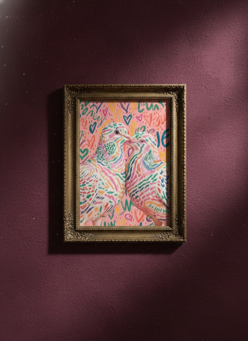 Colorful Lovebird Dove Couple Art art print shown in a burgundy brass setting