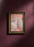 Colorful Lovebird Dove Couple Art art print shown in a burgundy brass setting