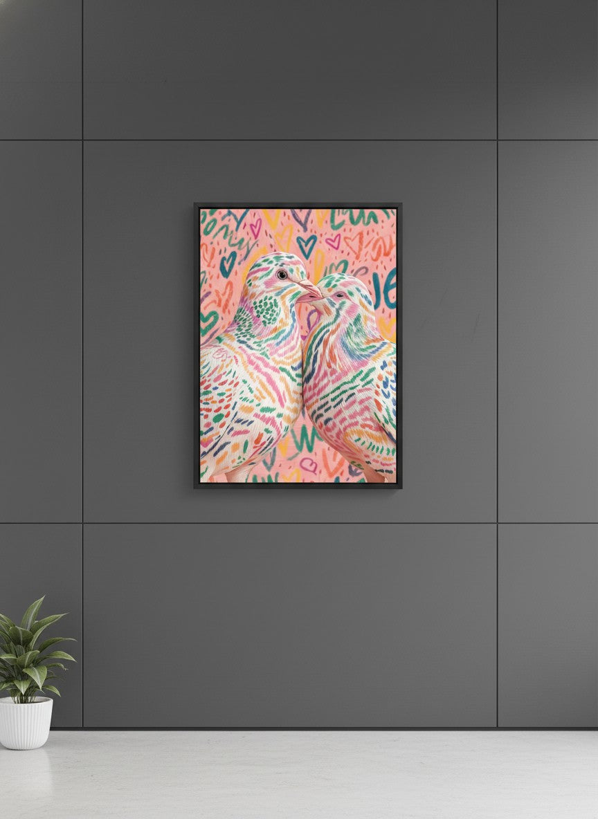 Colorful Lovebird Dove Couple Art art print shown in a charcoal minimal black setting