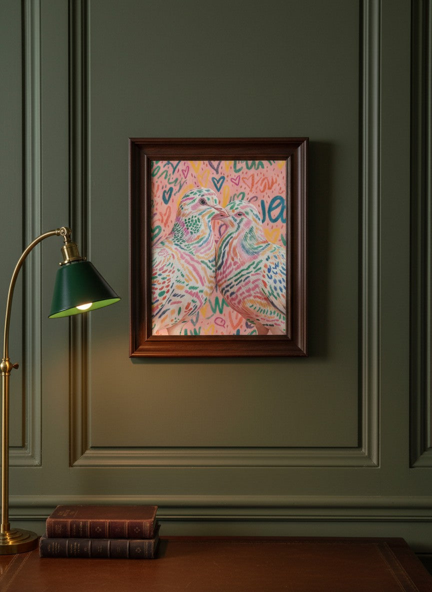 Colorful Lovebird Dove Couple Art art print shown in a dark olive study setting