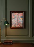 Colorful Lovebird Dove Couple Art art print shown in a dark olive study setting