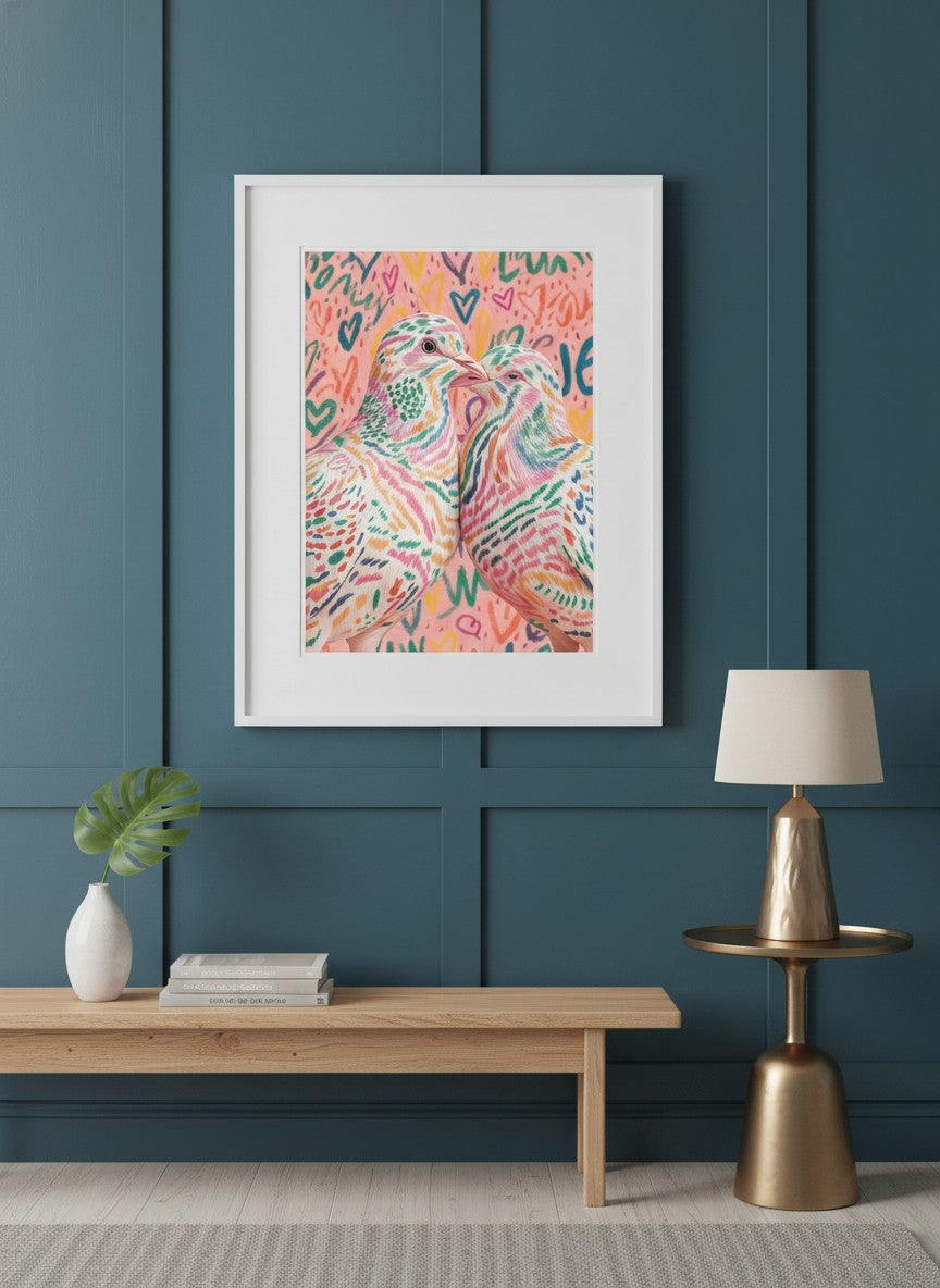 Colorful Lovebird Dove Couple Art art print shown in a deep teal modern setting