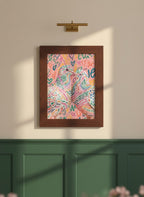 Colorful Lovebird Dove Couple Art art print shown in a forest green walnut setting
