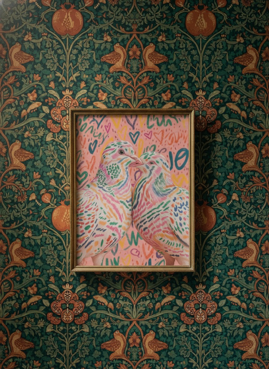 Colorful Lovebird Dove Couple Art art print shown in a maximalist floral brass setting