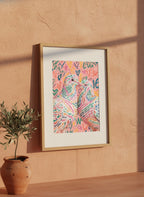 Colorful Lovebird Dove Couple Art art print shown in a terracotta rustic setting