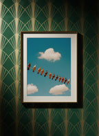 Pigeons On Wire Sky art print shown in a art deco geometric setting