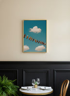 Pigeons On Wire Sky art print shown in a black wainscoting gold setting