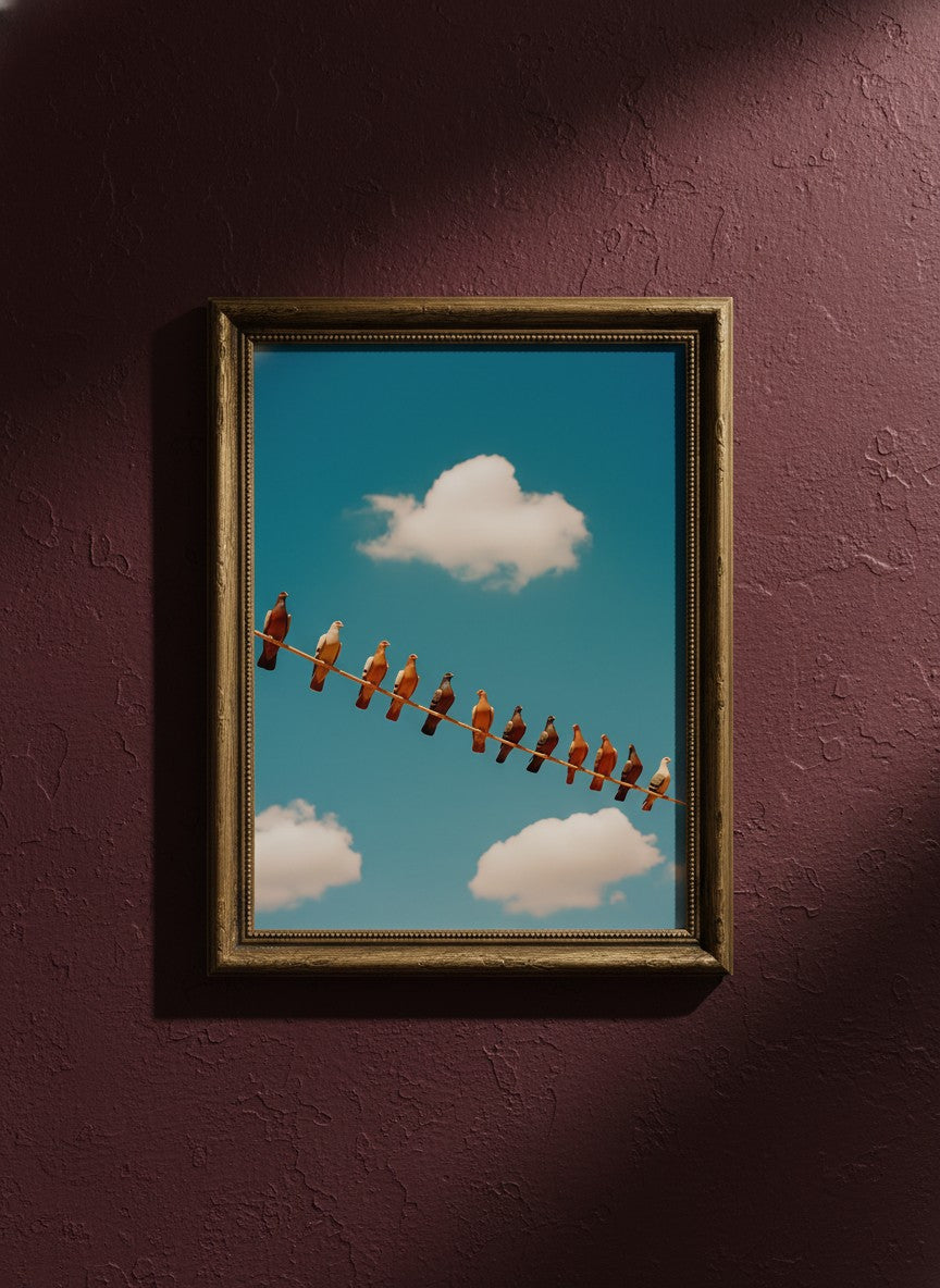 Pigeons On Wire Sky art print shown in a burgundy brass setting
