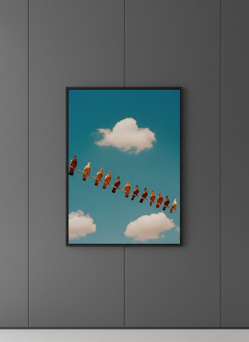 Pigeons On Wire Sky art print shown in a charcoal minimal black setting