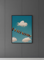 Pigeons On Wire Sky art print shown in a charcoal minimal black setting