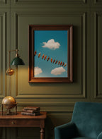 Pigeons On Wire Sky art print shown in a dark olive study setting