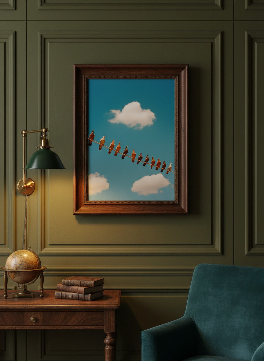 Pigeons On Wire Sky art print shown in a dark olive study setting