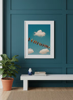 Pigeons On Wire Sky art print shown in a deep teal modern setting