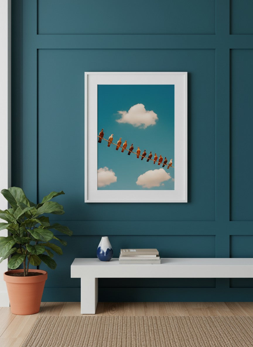Pigeons On Wire Sky art print shown in a deep teal modern setting