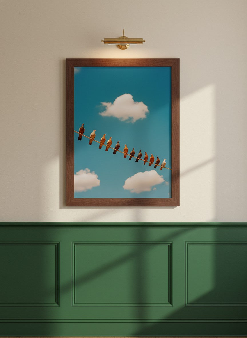 Pigeons On Wire Sky art print shown in a forest green walnut setting