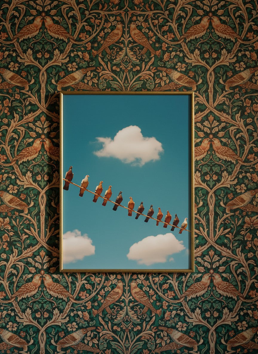 Pigeons On Wire Sky art print shown in a maximalist floral brass setting