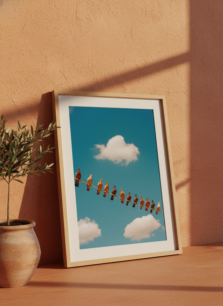 Pigeons On Wire Sky art print shown in a terracotta rustic setting