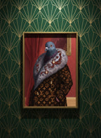 Luxury Fashion Pigeon Portrait art print shown in a art deco geometric setting