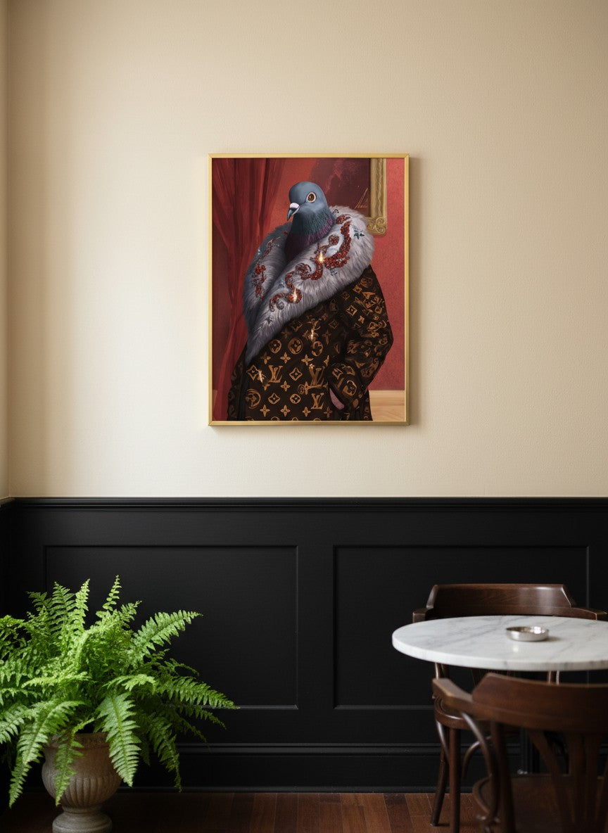 Luxury Fashion Pigeon Portrait art print shown in a black wainscoting gold setting