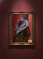 Luxury Fashion Pigeon Portrait art print shown in a burgundy brass setting