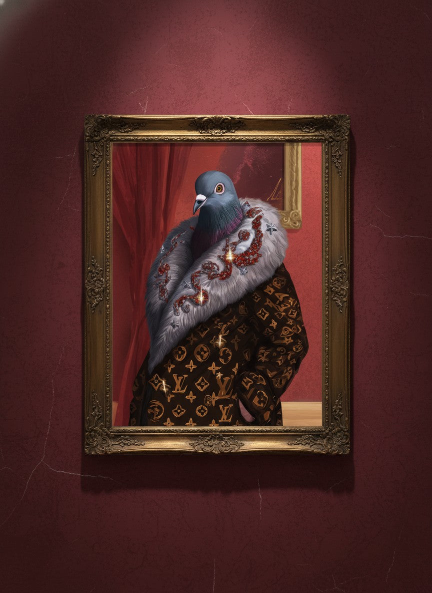Luxury Fashion Pigeon Portrait art print shown in a burgundy brass setting