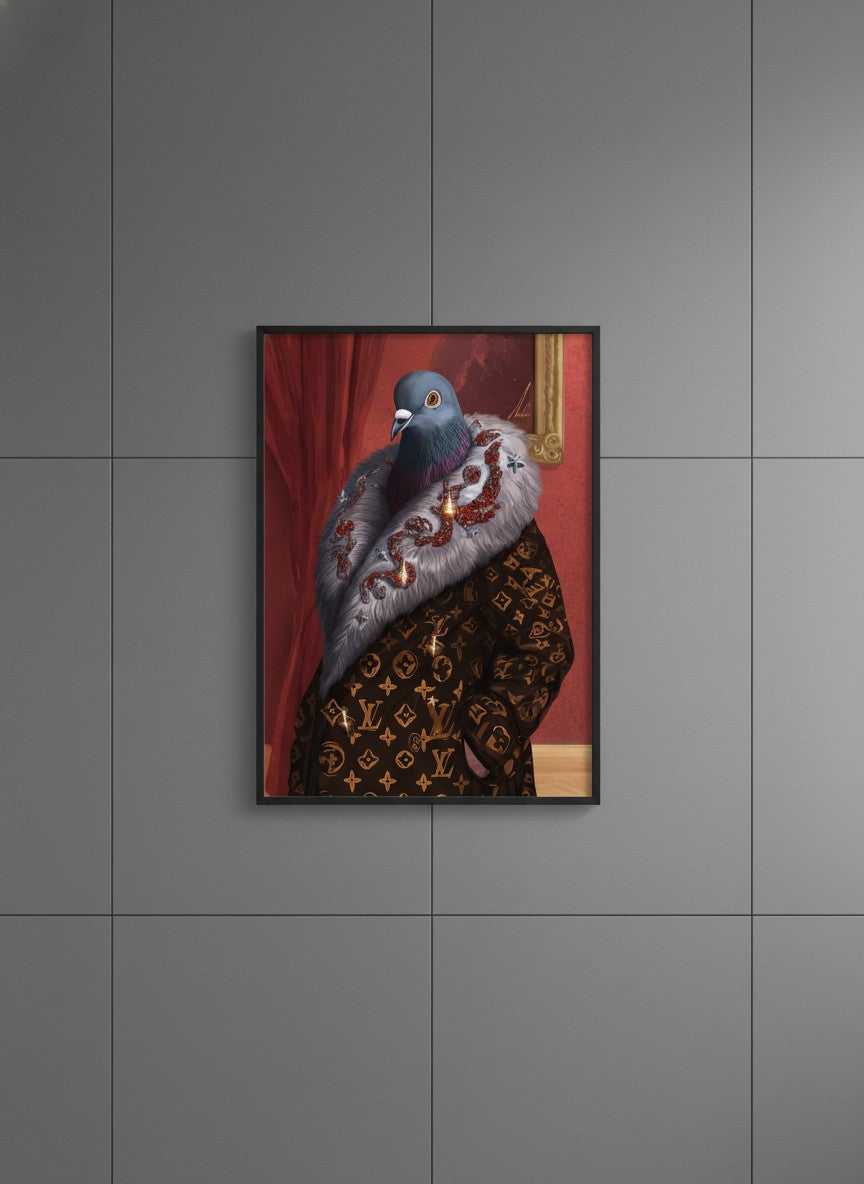 Luxury Fashion Pigeon Portrait art print shown in a charcoal minimal black setting
