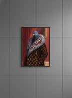 Luxury Fashion Pigeon Portrait art print shown in a charcoal minimal black setting