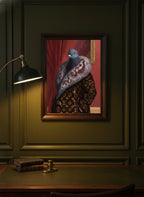Luxury Fashion Pigeon Portrait art print shown in a dark olive study setting