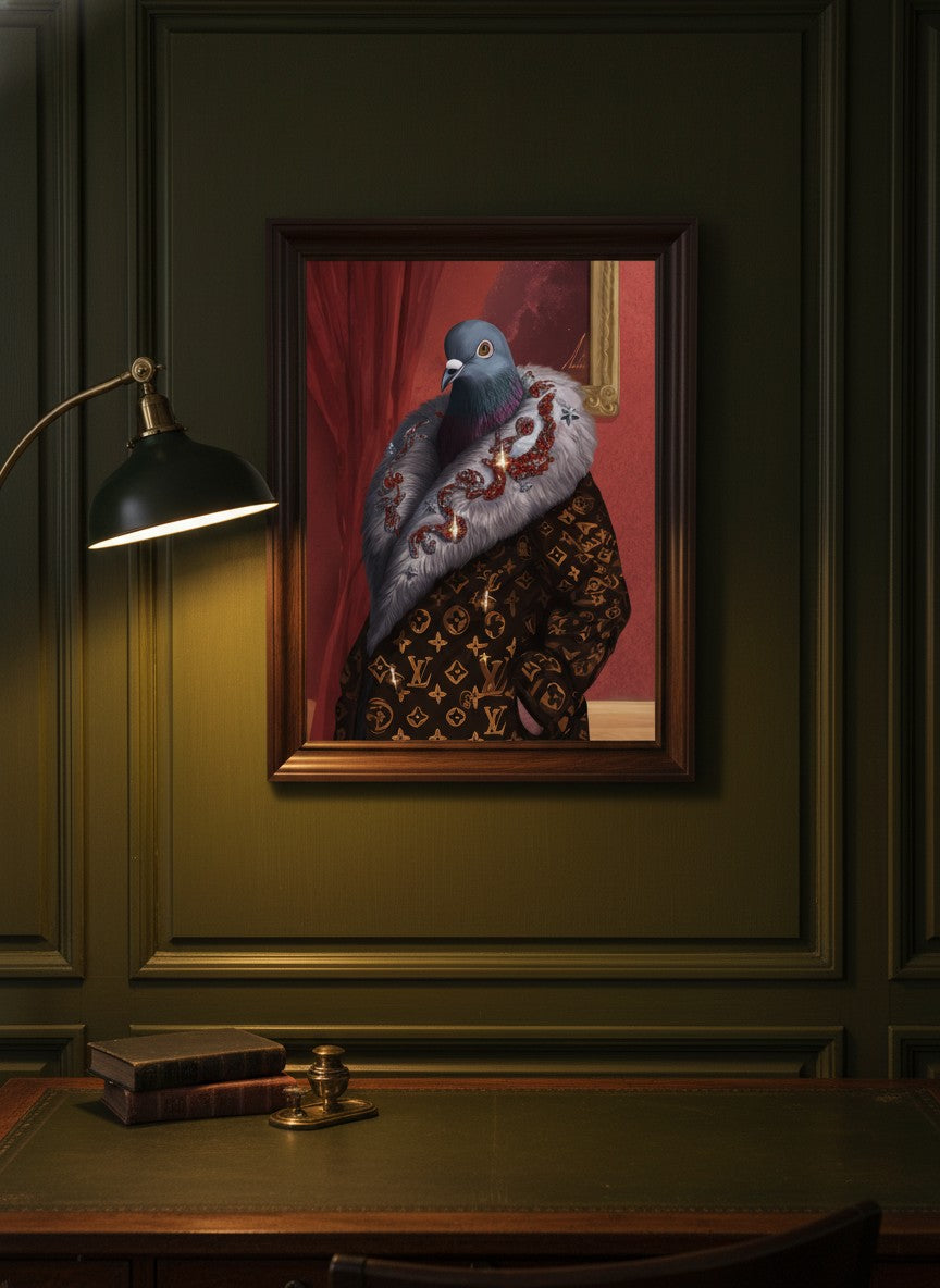 Luxury Fashion Pigeon Portrait art print shown in a dark olive study setting