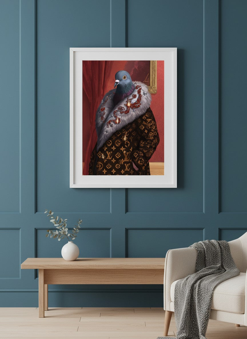 Luxury Fashion Pigeon Portrait art print shown in a deep teal modern setting