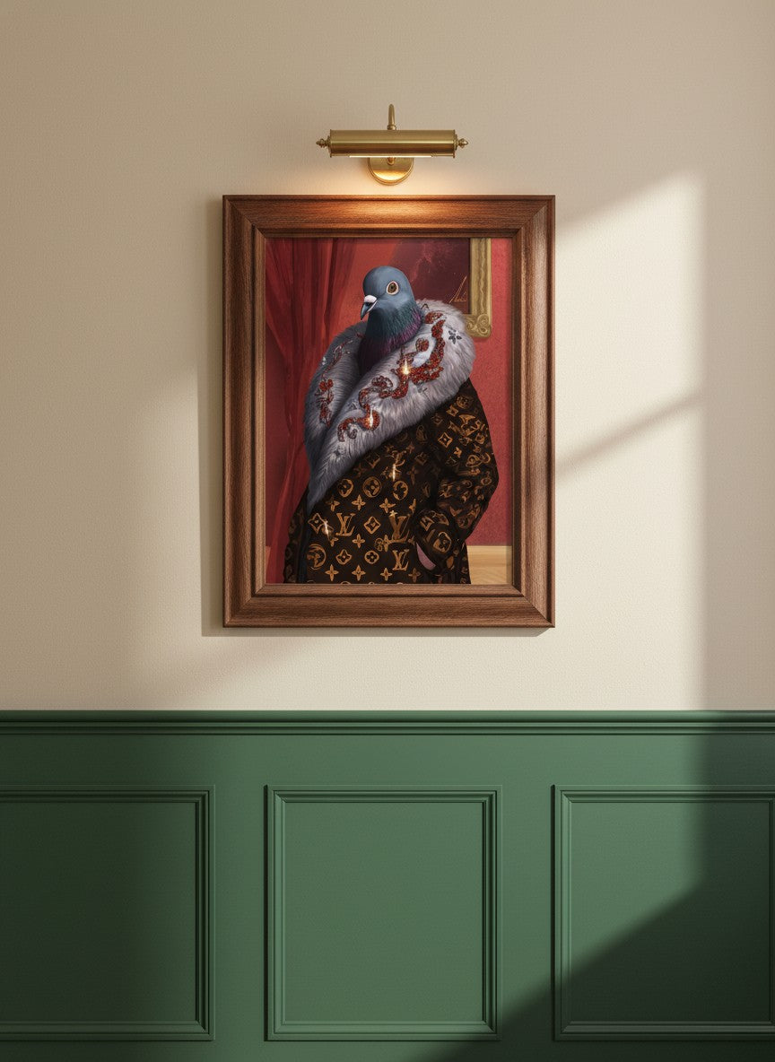 Luxury Fashion Pigeon Portrait art print shown in a forest green walnut setting