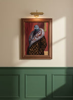 Luxury Fashion Pigeon Portrait art print shown in a forest green walnut setting