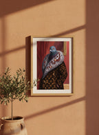 Luxury Fashion Pigeon Portrait art print shown in a terracotta rustic setting