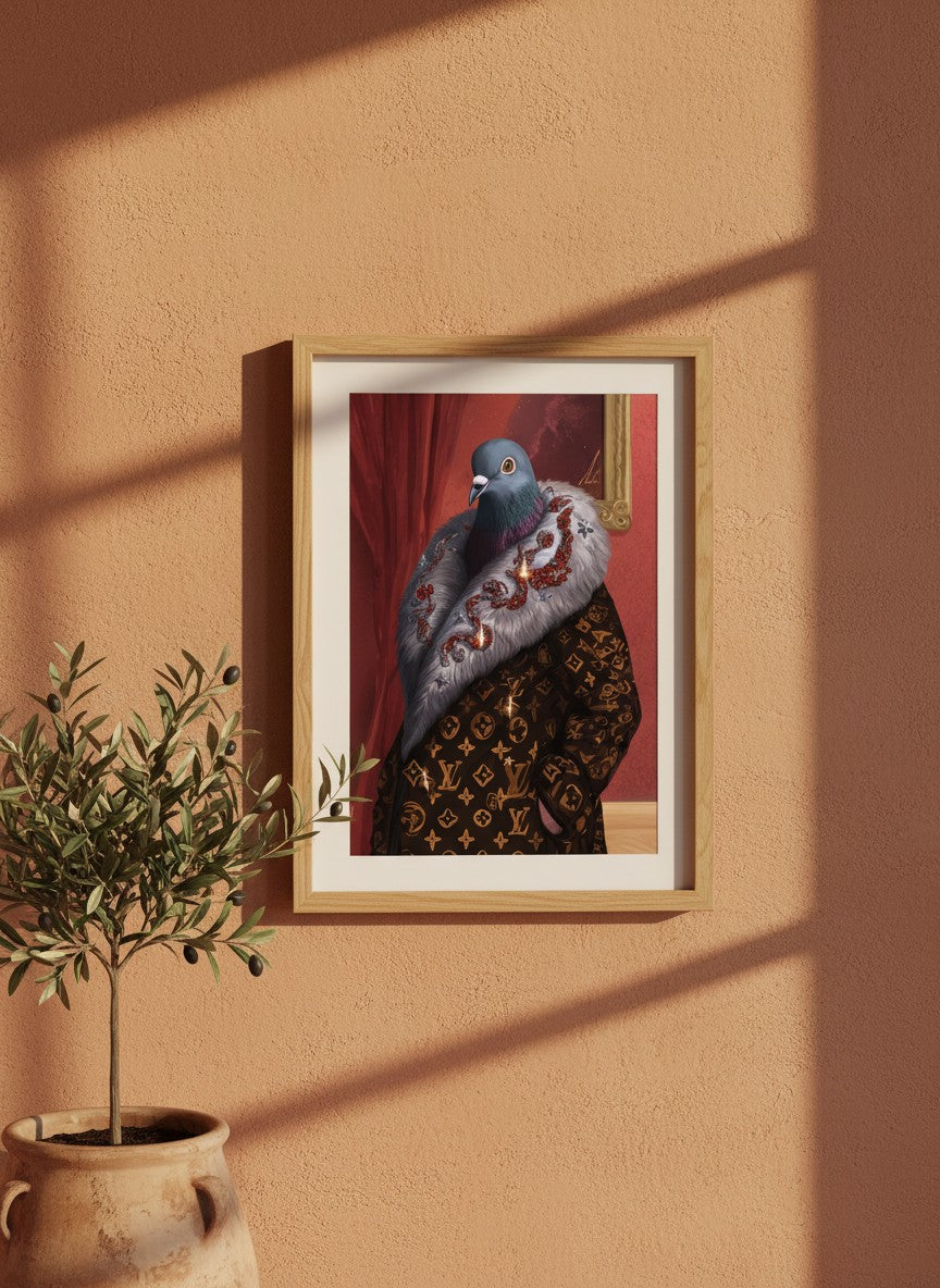 Luxury Fashion Pigeon Portrait art print shown in a terracotta rustic setting