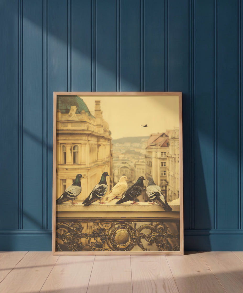 Pigeons European City Architecture Art art print shown in a blue 1 setting