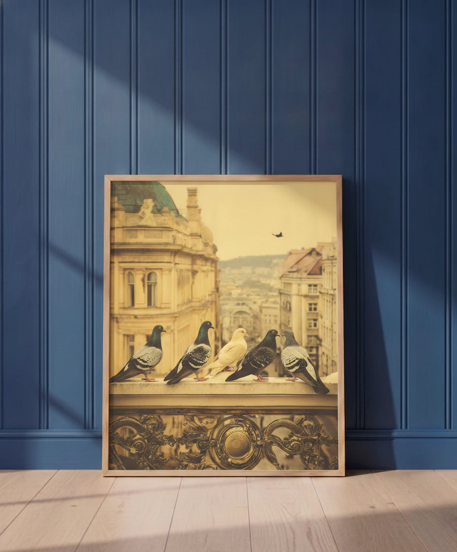 Pigeons European City Architecture Art art print shown in a blue wall paneled setting