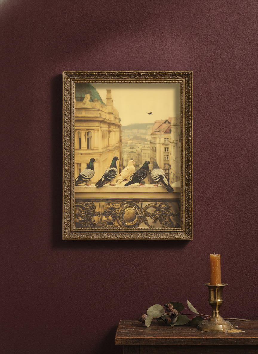 Pigeons European City Architecture Art art print shown in a burgundy brass setting