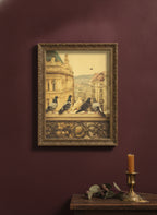 Pigeons European City Architecture Art art print shown in a burgundy brass setting