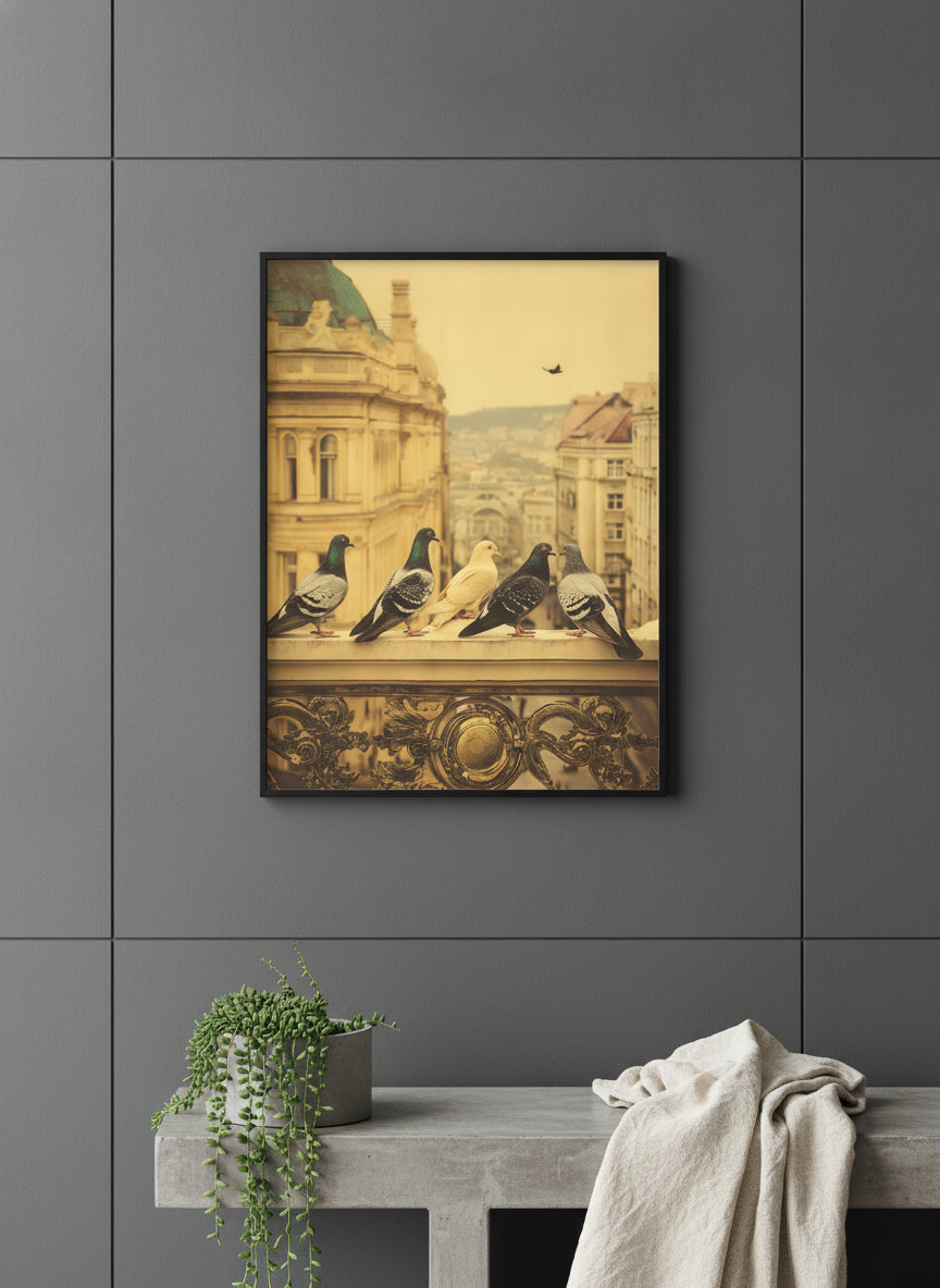 Pigeons European City Architecture Art art print shown in a charcoal minimal black setting