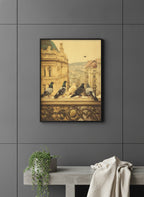 Pigeons European City Architecture Art art print shown in a charcoal minimal black setting