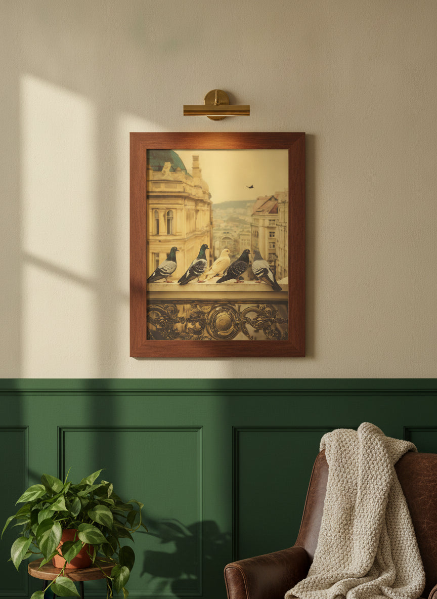 Pigeons European City Architecture Art art print shown in a forest green walnut setting