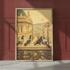 Pigeons European City Architecture Art art print shown in a red setting